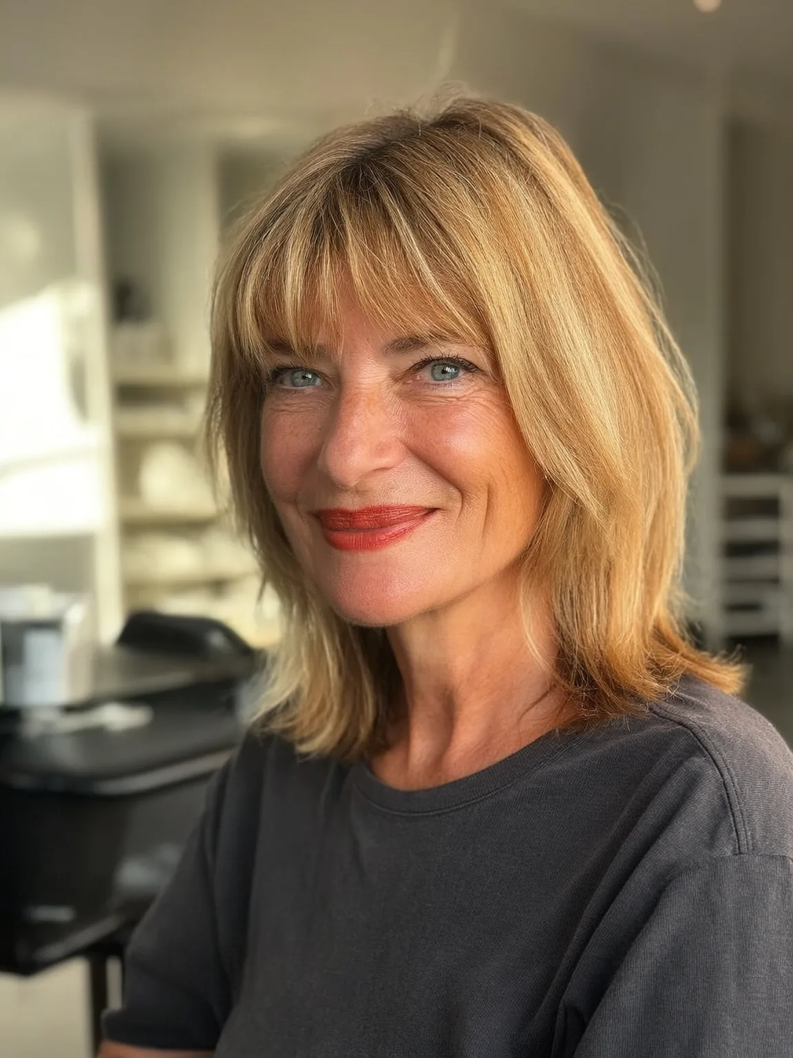 Classic Layered Bob with Wispy Bangs in Golden Blonde